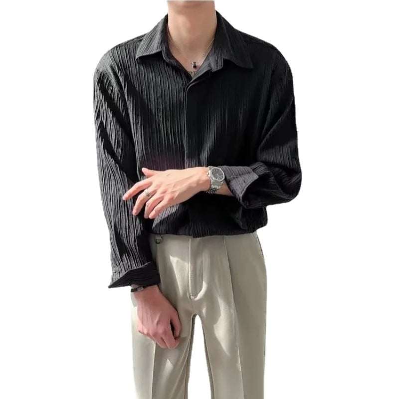 Black Apricot White Long-Sleeved Shirt Men Fashion Social Mens Dress Shirt Korean Loose Casual Pleated Shirts Mens Formal Shirt