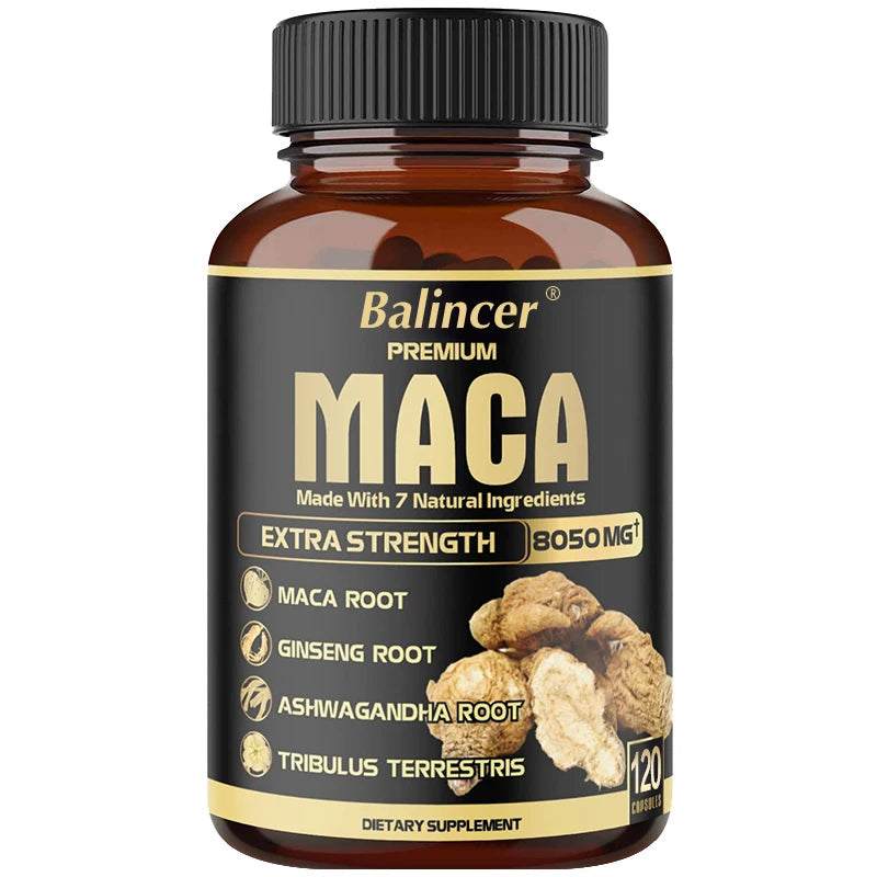 Bottle of Balincer premium Maca Root Capsules dietary supplement with 120 capsules, featuring maca root, ginseng, ashwagandha, and tribulus terrestris for energy and strength.