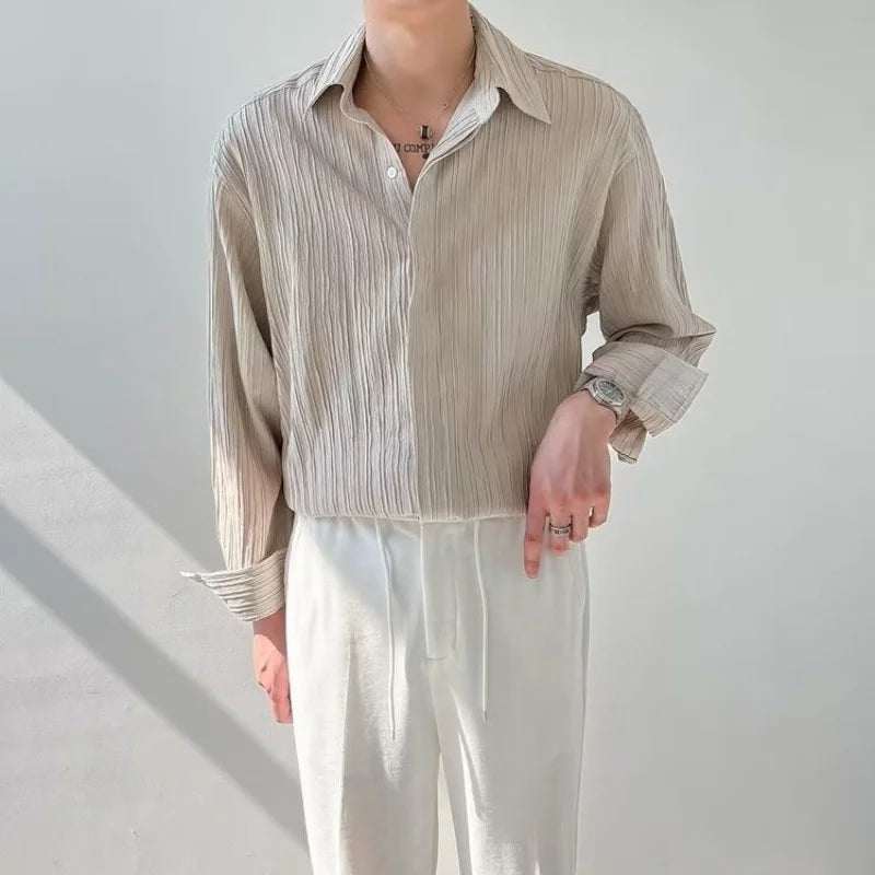 Black Apricot White Long-Sleeved Shirt Men Fashion Social Mens Dress Shirt Korean Loose Casual Pleated Shirts Mens Formal Shirt