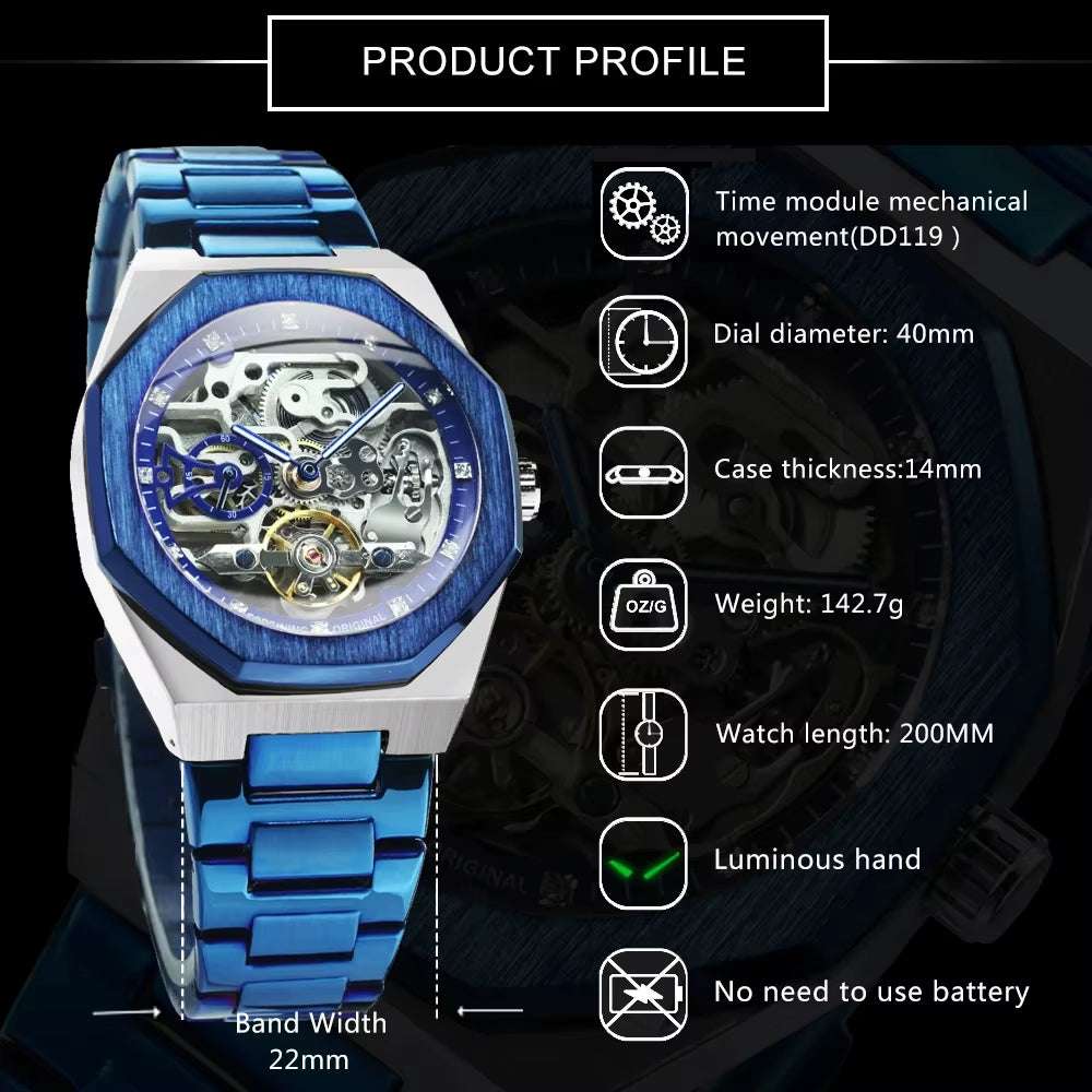 Silver Automatic Watch Men 3D Diamond Dial Irregular Tourbillon Skeleton Mechanical Wristwatches Luminous Hands Clock