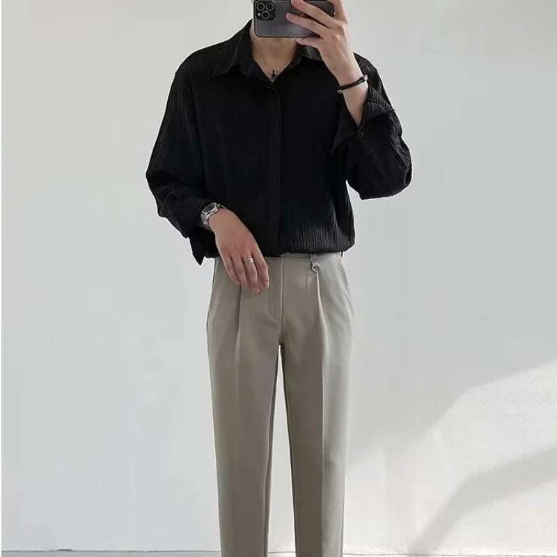 Black Apricot White Long-Sleeved Shirt Men Fashion Social Mens Dress Shirt Korean Loose Casual Pleated Shirts Mens Formal Shirt