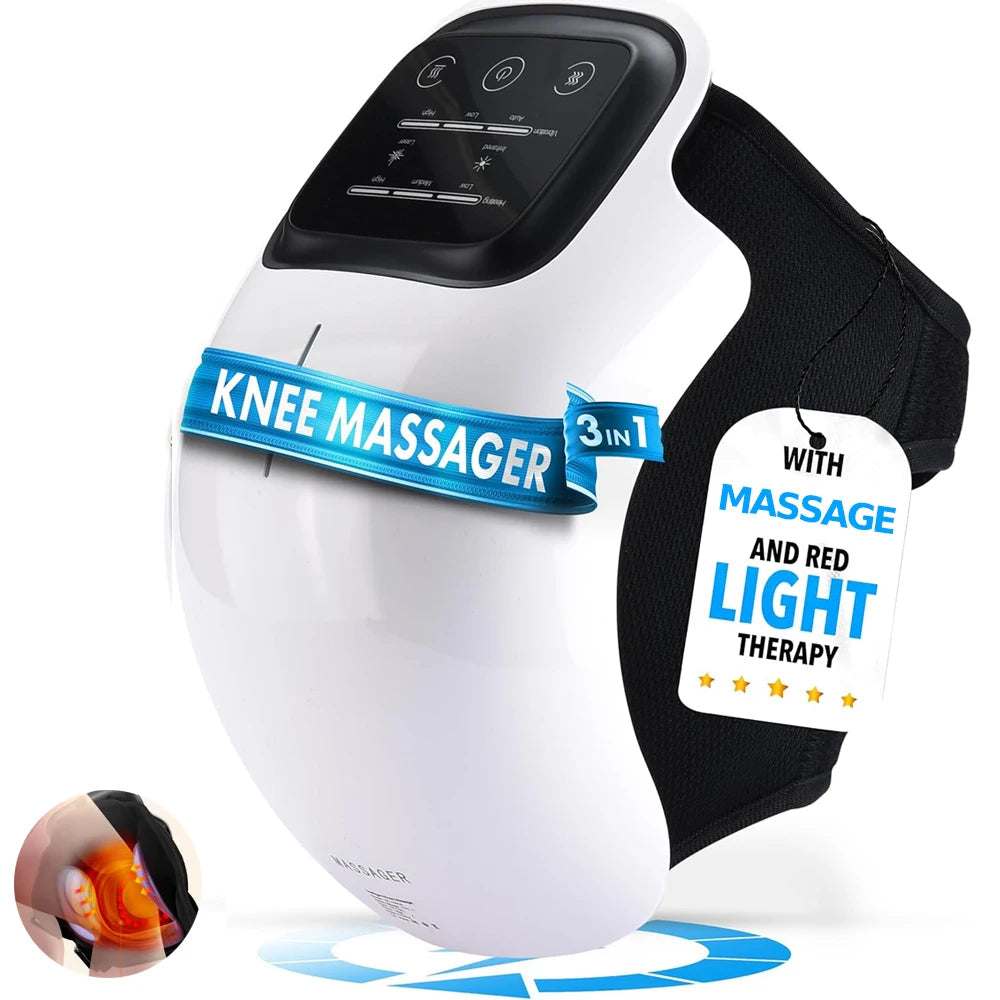 Smart cordless knee massager with red light therapy, customizable vibration modes, and heat for swelling and joint pain relief.