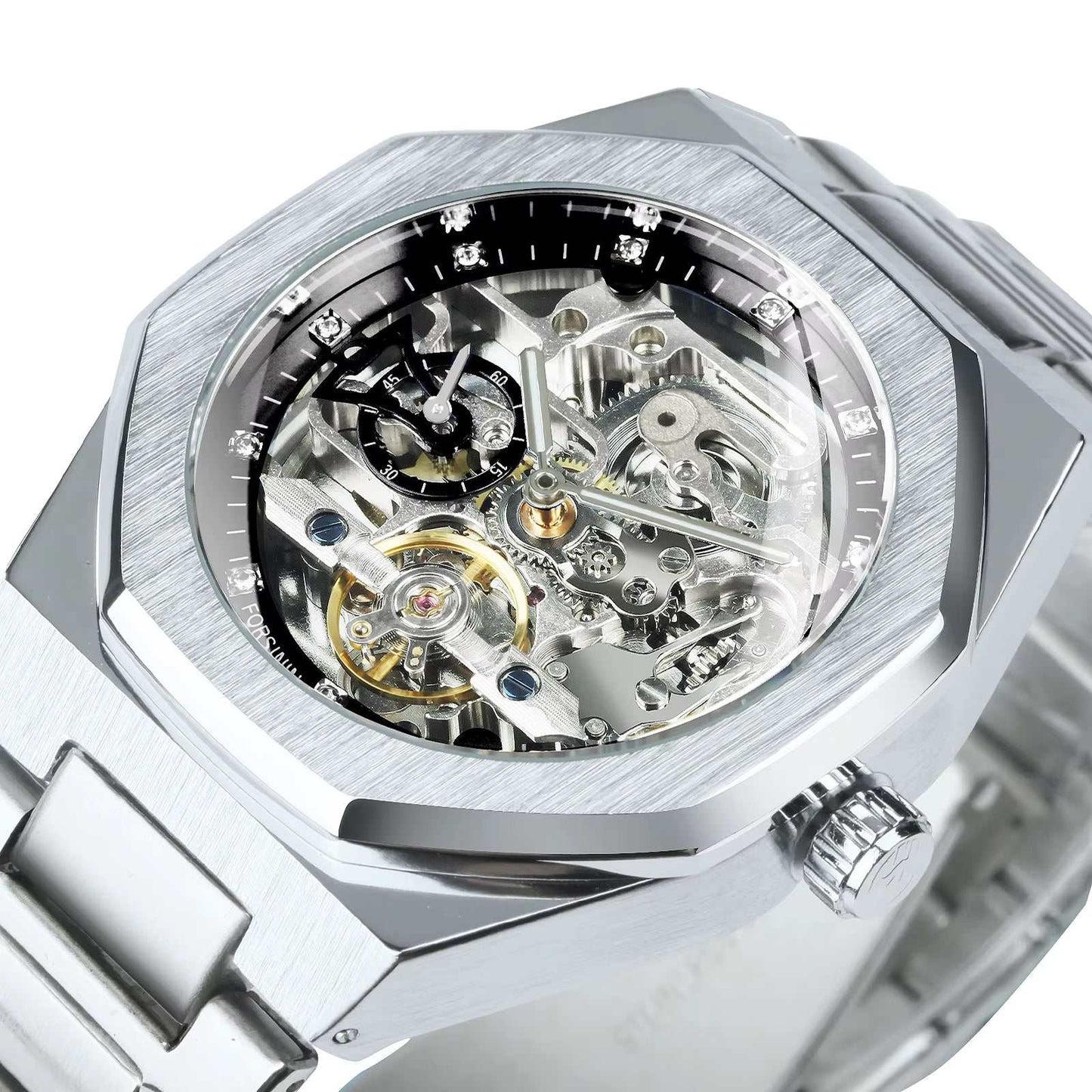 Silver automatic watch with 3D diamond dial and irregular tourbillon skeleton mechanical design.