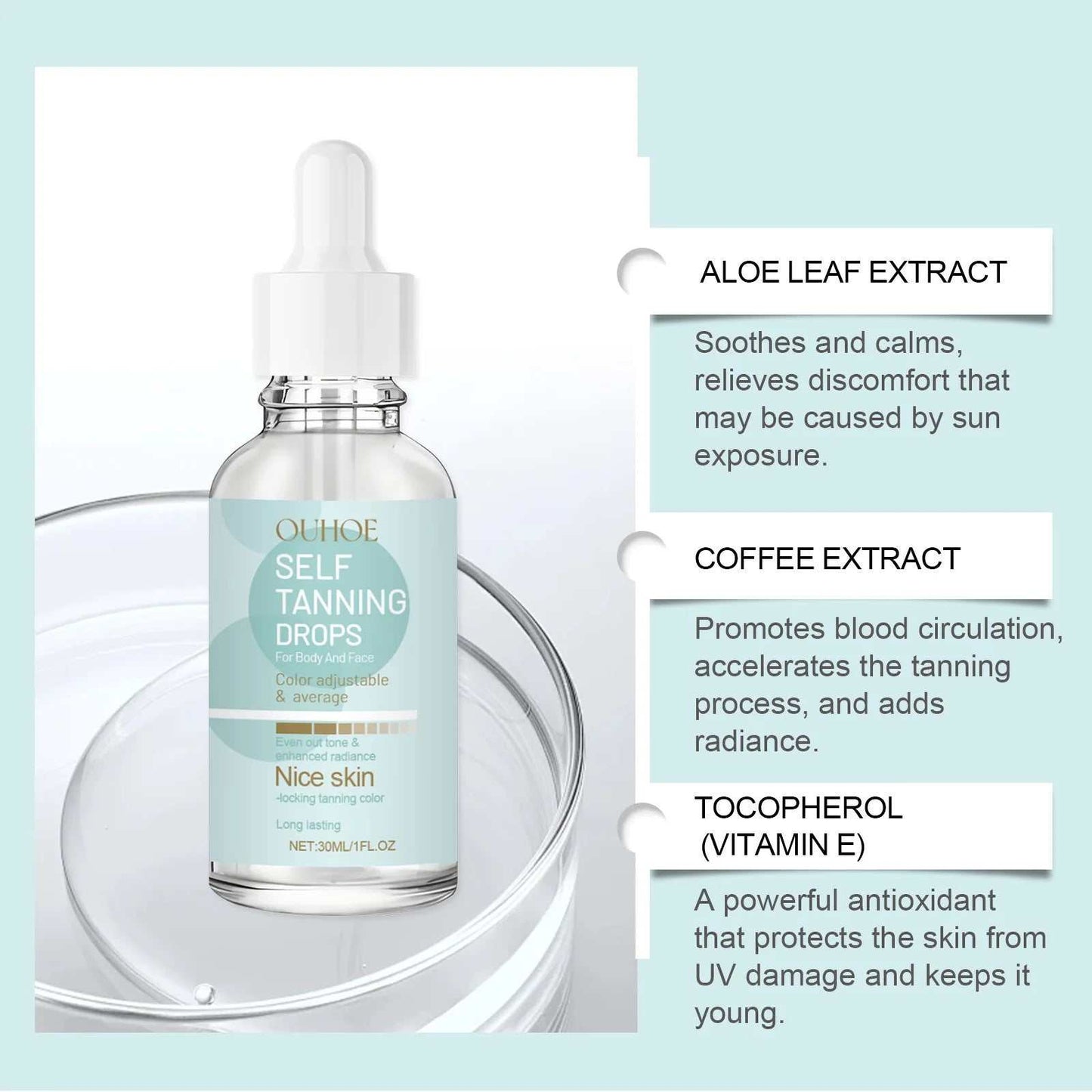 Self Tanning Drops Bronzing Fake Tan Serum Indoor Sunbeds Dark Tanning Accelerator Sunburn Skin Repair Sunless Tanner Drops 30Ml