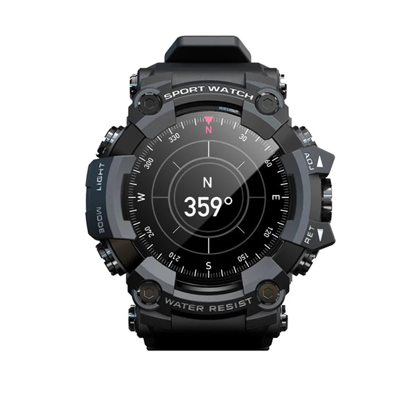 2025 new fitness tracker smart watch with compass, heart rate and blood pressure monitor, black rugged design, compatible with Android and iOS