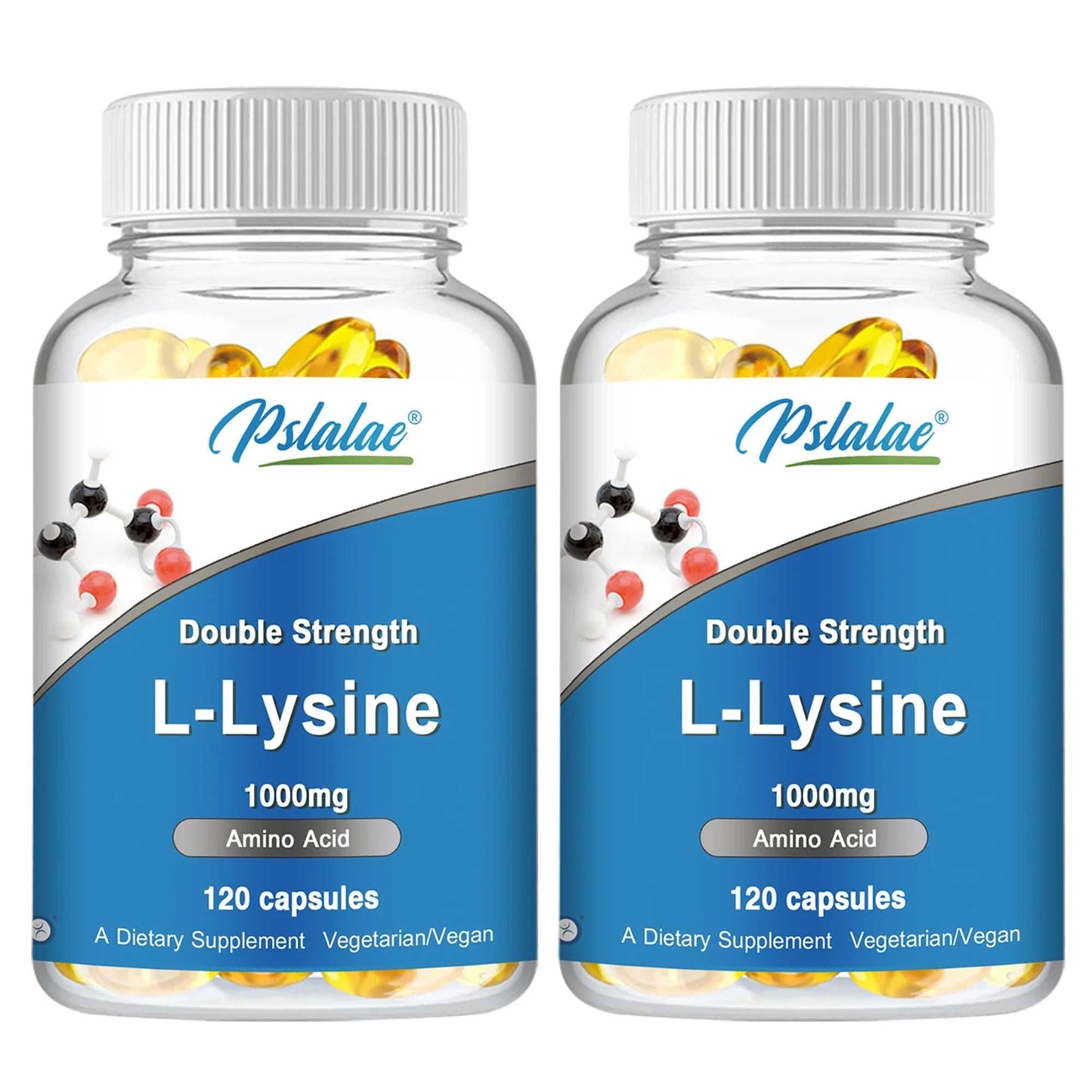 Two bottles of Pslalae Double Strength L-Lysine 1000mg amino acid dietary supplement with 120 vegetarian capsules each
