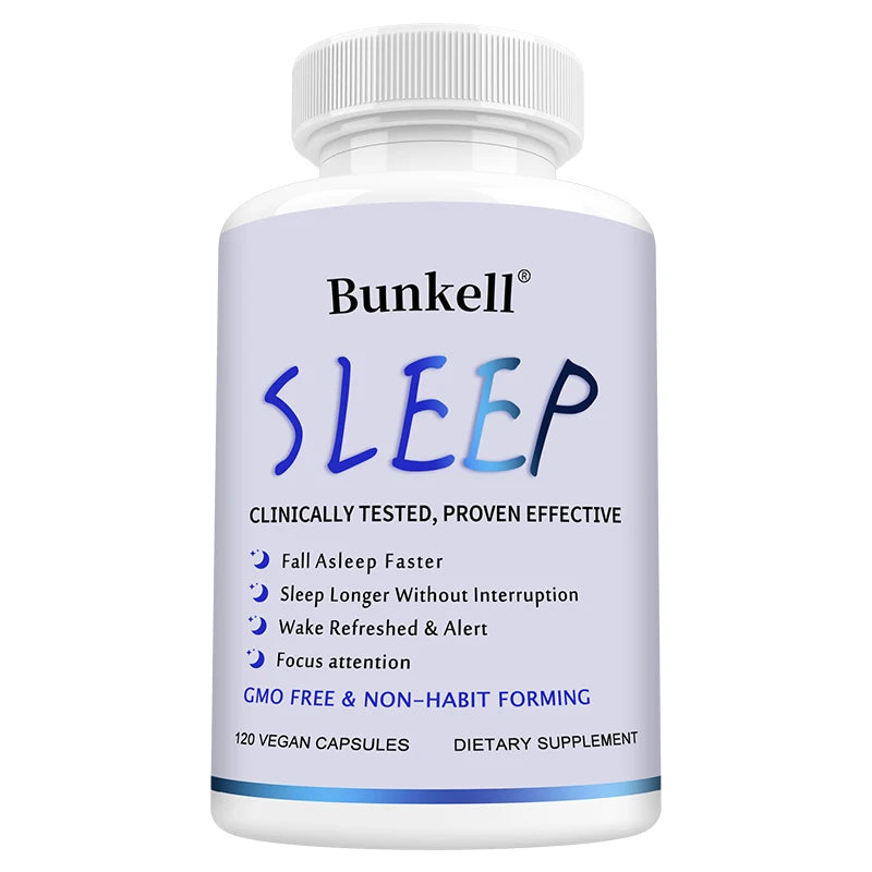 Bottle of Bunkell Sleep Supplement with magnesium blend to support brain, sleep, focus, and cognition, containing 120 vegan capsules.