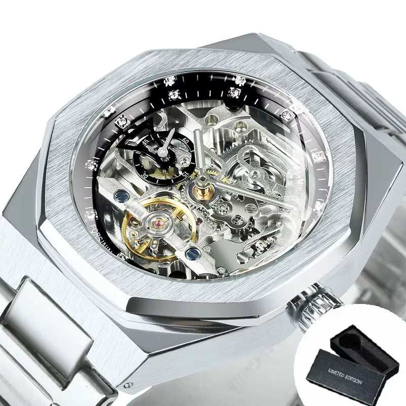 Silver Automatic Watch Men 3D Diamond Dial Irregular Tourbillon Skeleton Mechanical Wristwatches Luminous Hands Clock