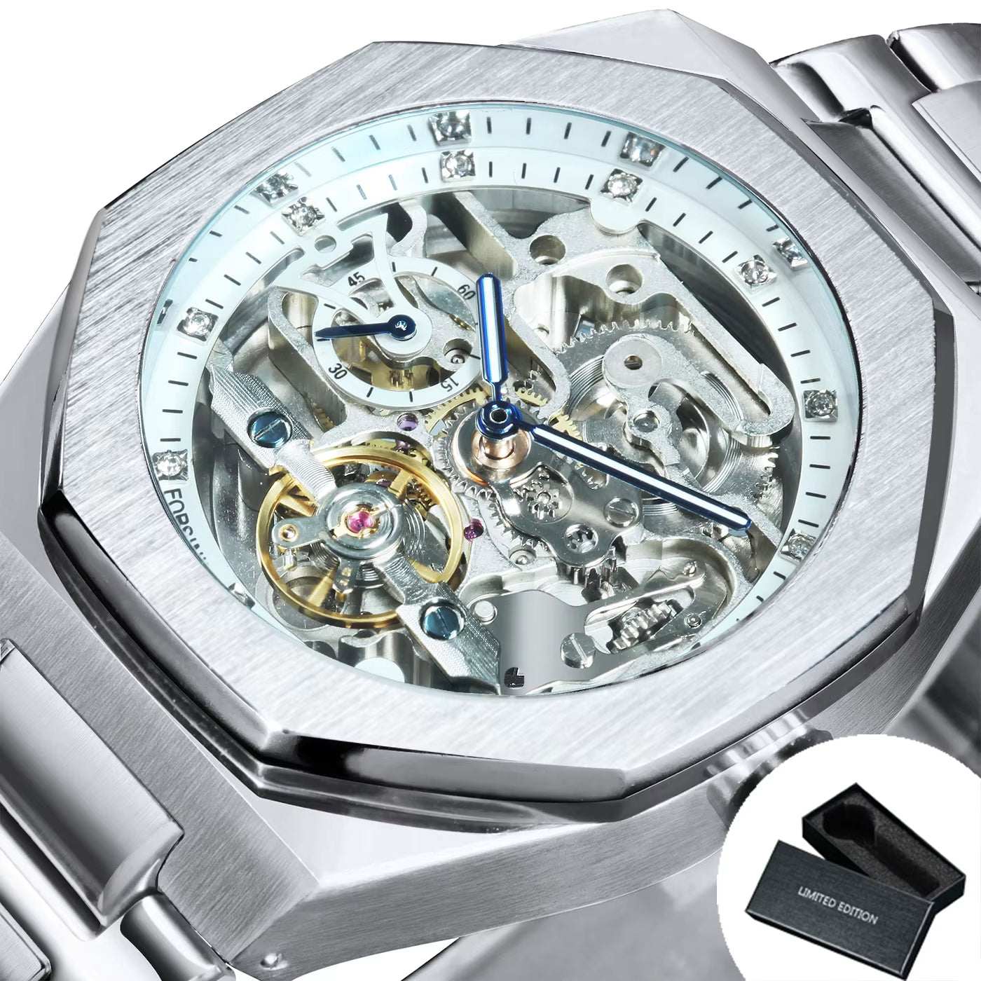 Silver Automatic Watch Men 3D Diamond Dial Irregular Tourbillon Skeleton Mechanical Wristwatches Luminous Hands Clock