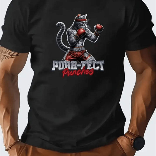 Mens black casual short-sleeved round neck T-shirt with a retro printed boxing cat design and "Purr-fect Punches" text