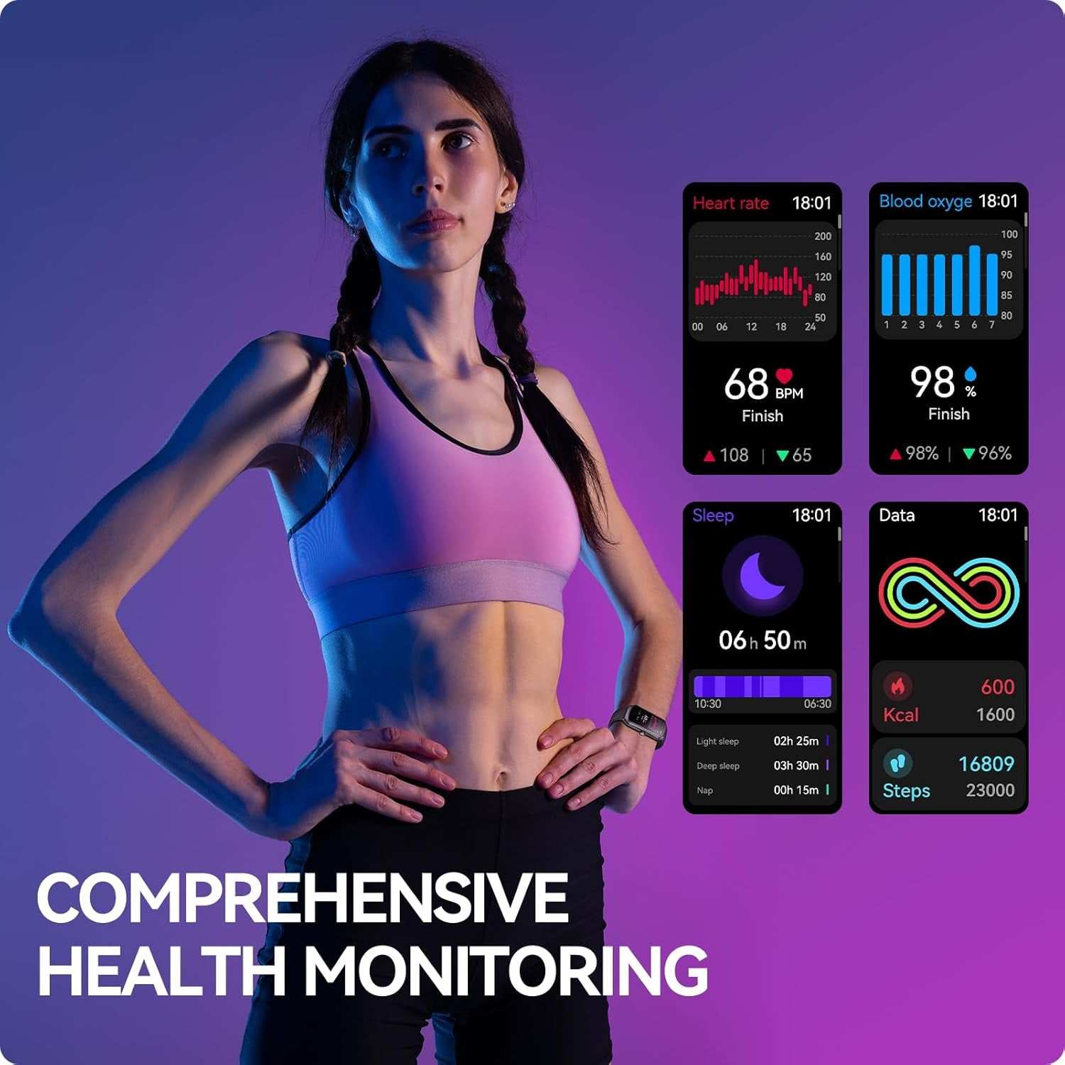 AMOLED Unisex Fitness Tracking Smartwatch with Heart Rate, Blood Oxygen and Sleep Monitoring, Waterproof Function, Pedometer, Swimming Health Activity Tracking