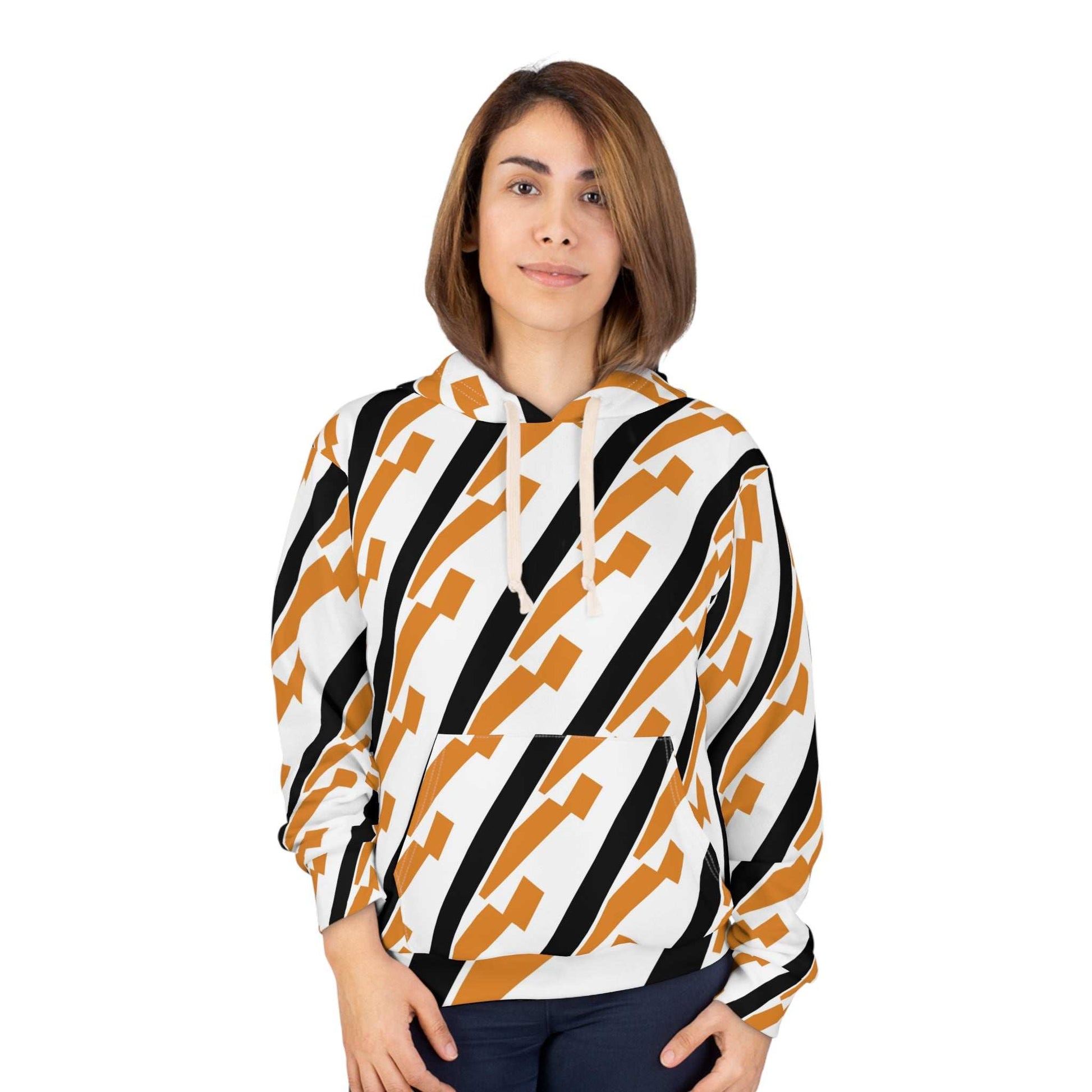Diagonal Geometric Stripe Hoodie — Bold Black & Rust for Modern Style.