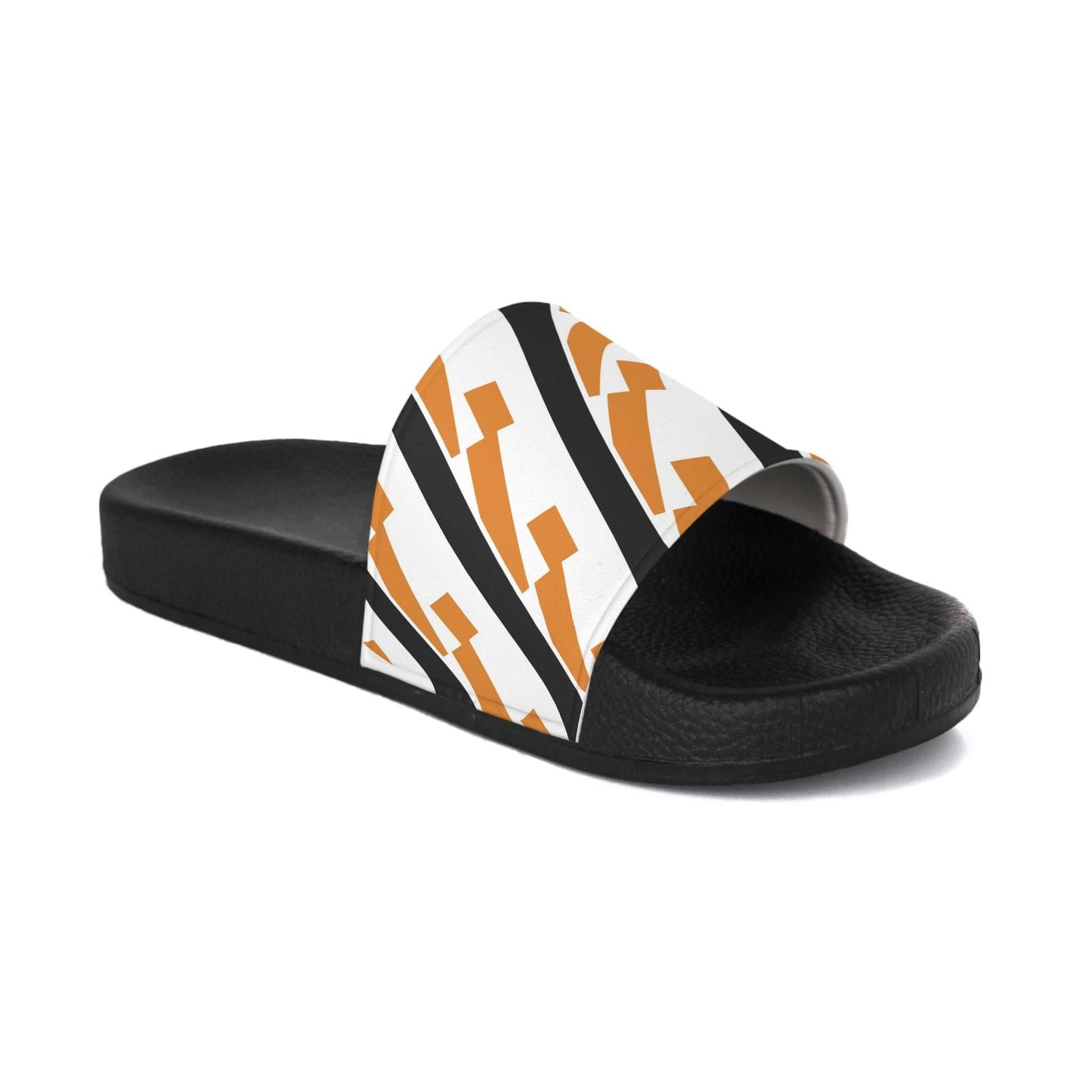 OS4L Geo Women's Slide Sandals with black sole and white, black, and orange geometric strap design, lightweight and comfortable for casual wear
