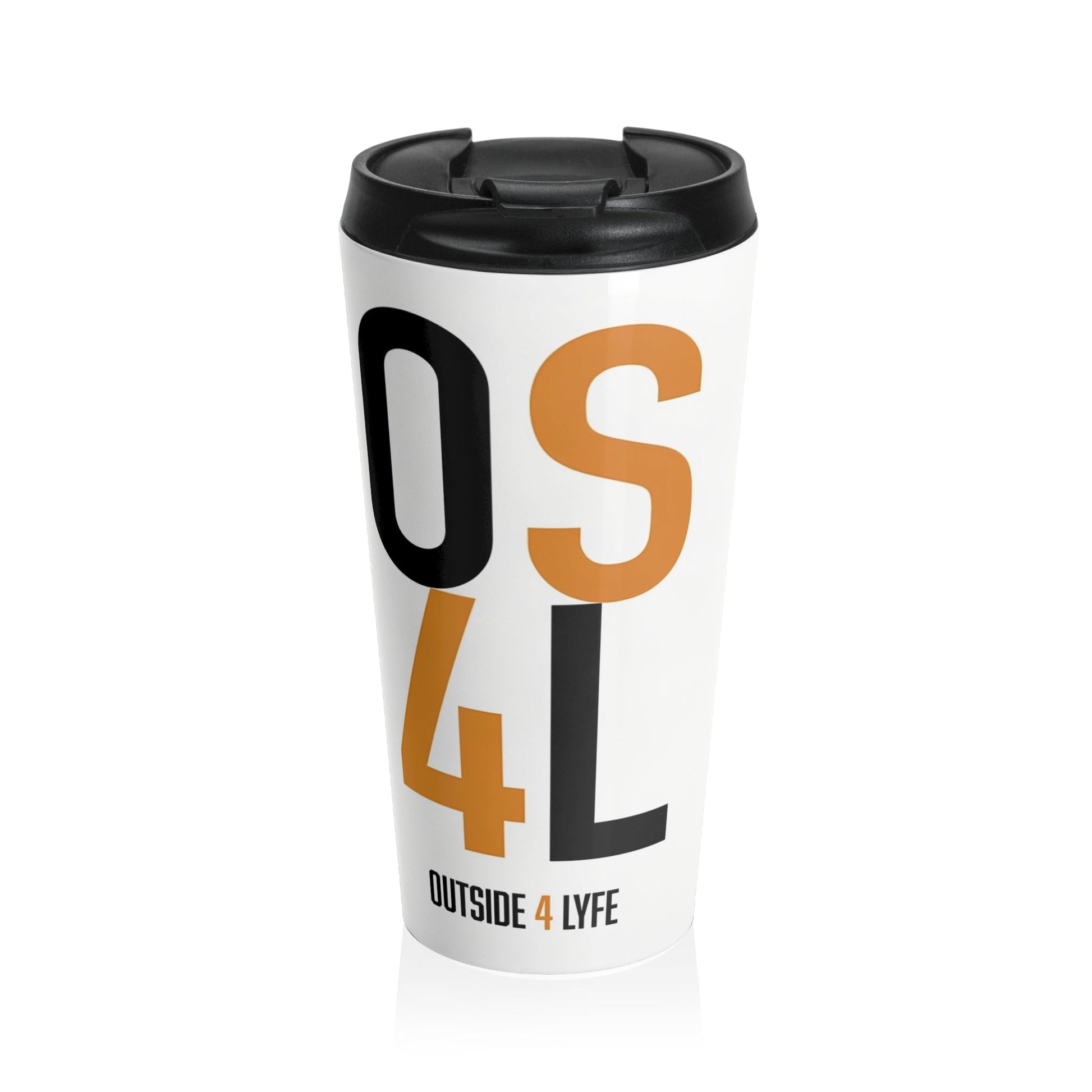 OS4L Stainless Steel Travel Mug 15oz vacuum insulated with black flip top lid for hot and cold drinks on the go