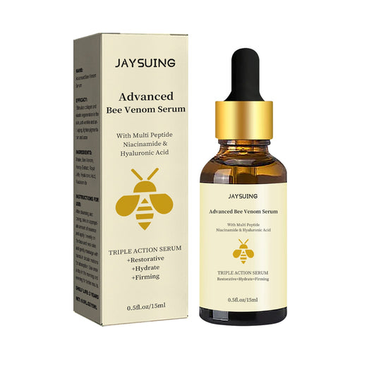 Jaysuing Advanced Bee Venom Serum bottle with dropper and packaging box for moisturizing and firming skin.