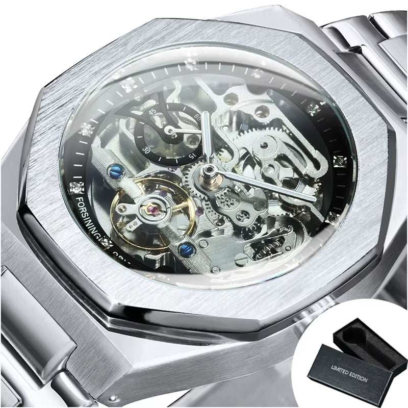 Silver Automatic Watch Men 3D Diamond Dial Irregular Tourbillon Skeleton Mechanical Wristwatches Luminous Hands Clock