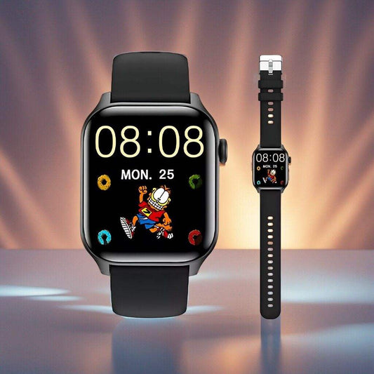 Smart watch for women and men with 1.9-inch HD touchscreen, fitness and heart rate tracker, waterproof design, and customizable watch faces.