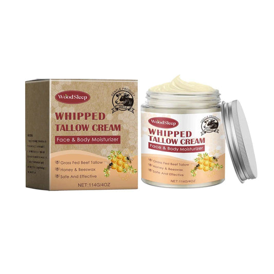 Whipped tallow cream jar and box with face and body moisturizer made from beef tallow, honey, and beeswax.