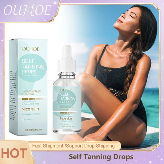 Self Tanning Drops bronzing serum bottle with packaging and a woman with sun-kissed skin sitting outdoors in sunlight