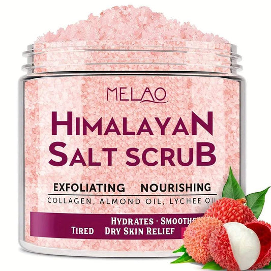 Jar of MELAO Himalayan Salt Body Scrub with collagen, almond oil, and lychee oil for exfoliating and moisturizing tired dry skin