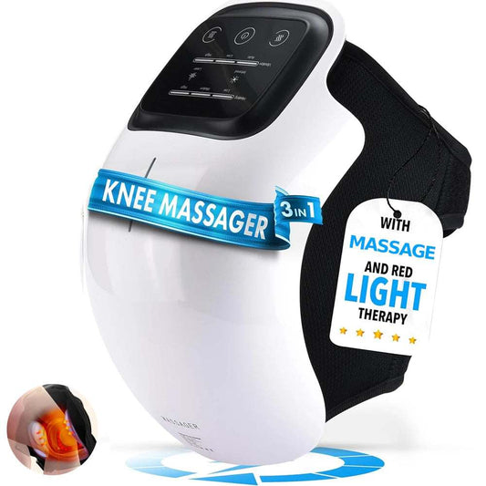 Smart cordless knee massager with red light therapy, customizable vibration modes, and heat for swelling and joint pain relief.