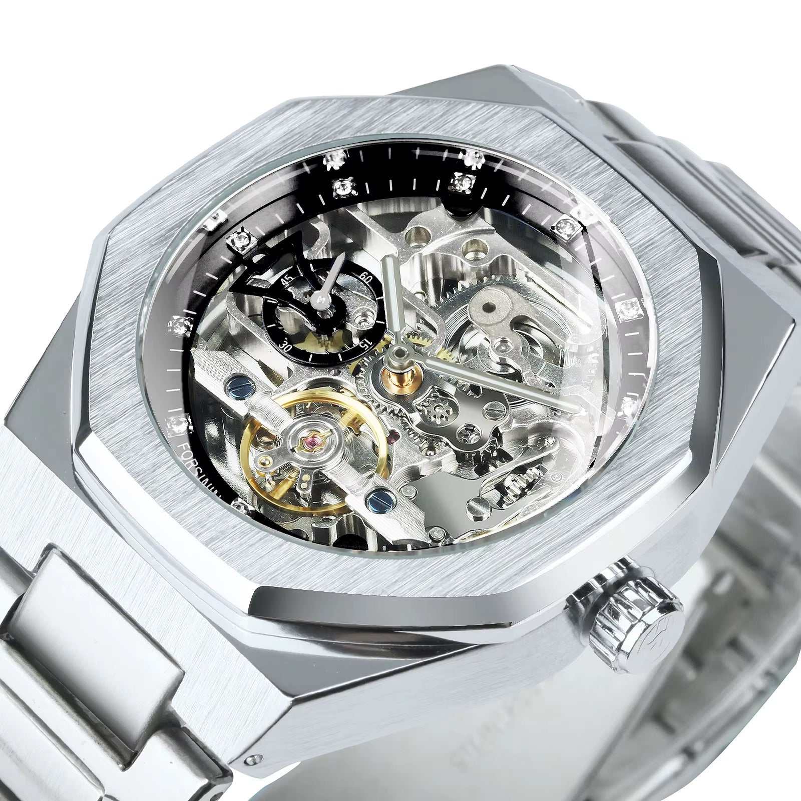 Silver automatic watch with 3D diamond dial and irregular tourbillon skeleton mechanical design.