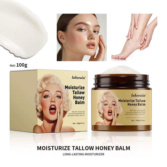 100g Moisturize Tallow Honey Balm moisturizer with whipped beef tallow and Manuka honey for skin and lip care in a stylish jar and box packaging