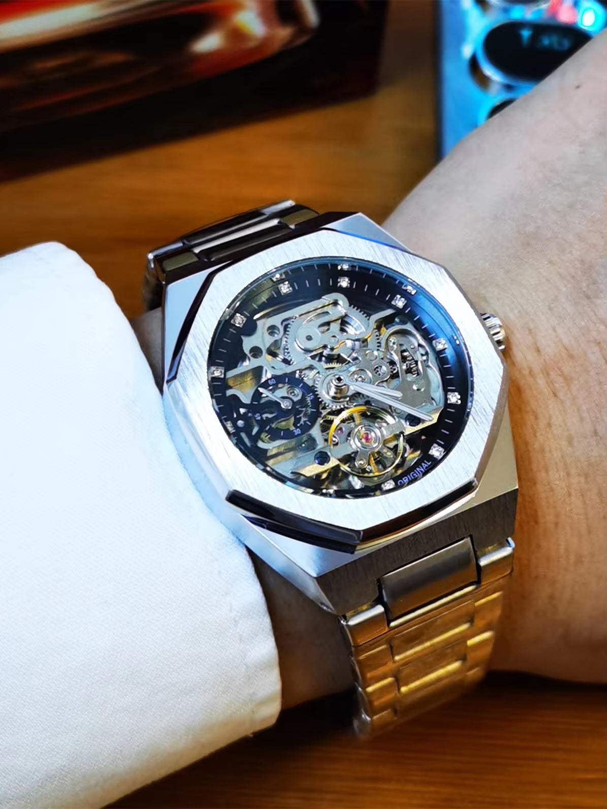 Silver Automatic Watch Men 3D Diamond Dial Irregular Tourbillon Skeleton Mechanical Wristwatches Luminous Hands Clock