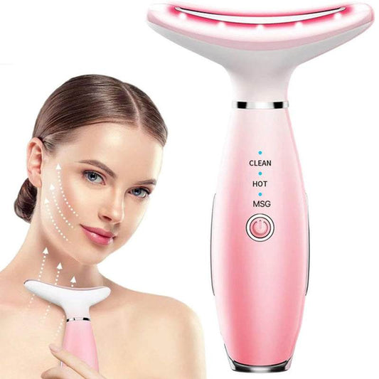 Pink facial and neck massager device with 3 modes and heating for skincare and relaxation