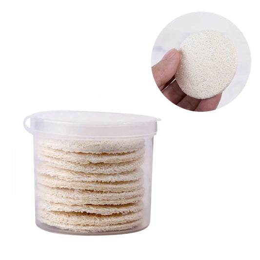 10 pcs natural luffa facial cleansing loofah pads for exfoliating and skin care in a clear container