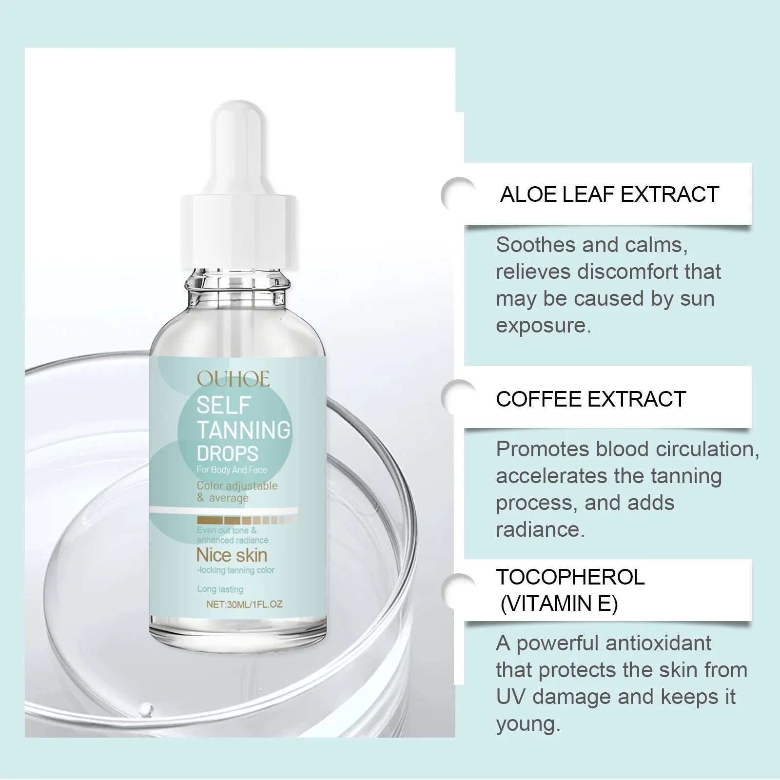 Self Tanning Drops Bronzing Fake Tan Serum Indoor Sunbeds Dark Tanning Accelerator Sunburn Skin Repair Sunless Tanner Drops 30Ml