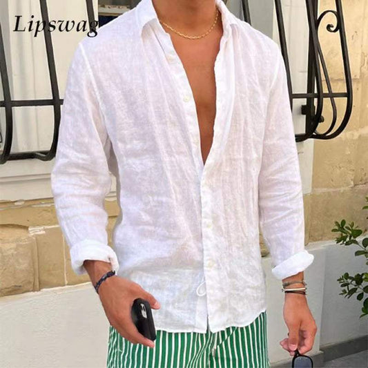 Spring New Casual Linen Shirts Mens Long Sleeve Button-Up Turn-Down Collar Shirt Seaside Beach Vintage Men Solid Color Cardigans
