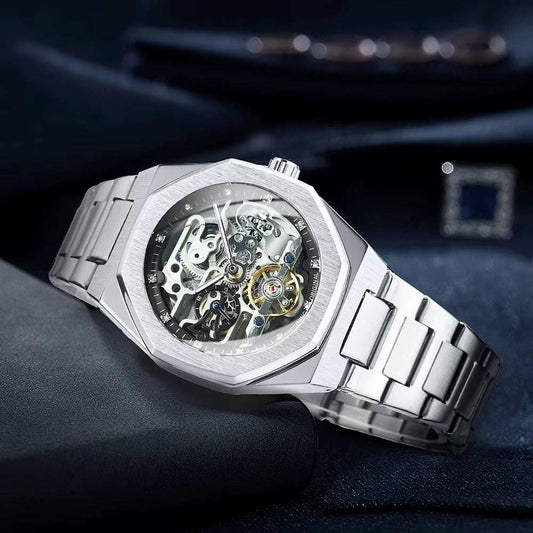 Silver Automatic Watch Men 3D Diamond Dial Irregular Tourbillon Skeleton Mechanical Wristwatches Luminous Hands Clock