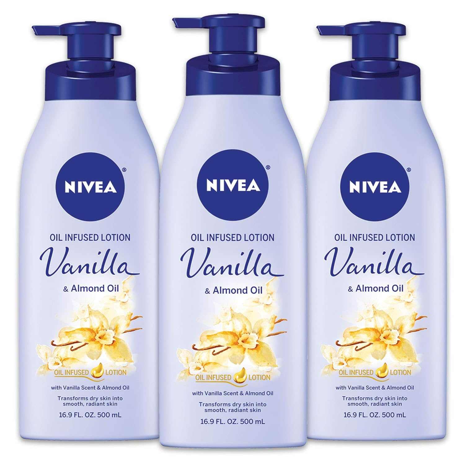 Three bottles of NIVEA Oil Infused Vanilla and Almond Oil Body Lotion with pump dispensers and vanilla flower design
