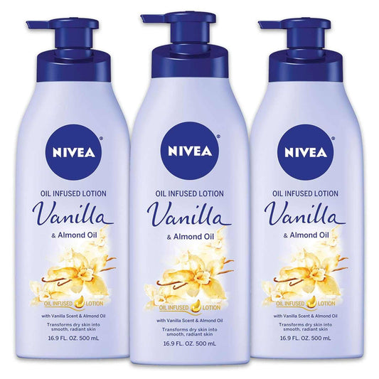 Three bottles of NIVEA Oil Infused Vanilla and Almond Oil Body Lotion with pump dispensers and vanilla flower design