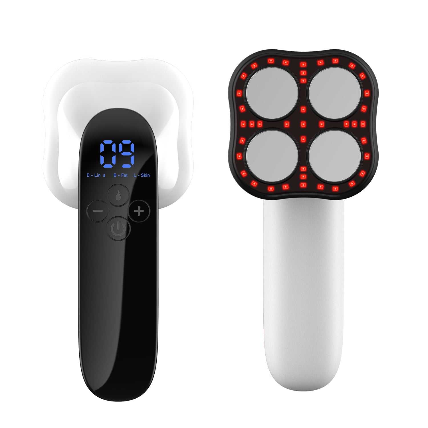 Handheld cellulite massager with LED red light therapy and digital display controls.
