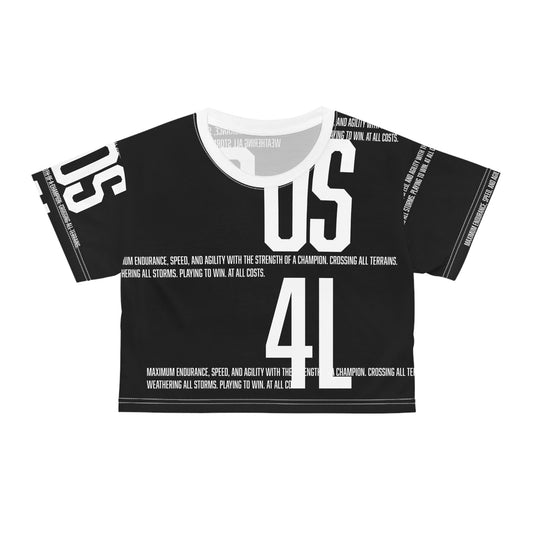 Black and white Signature Crop Top with oversized graphic text and breathable polyester fabric