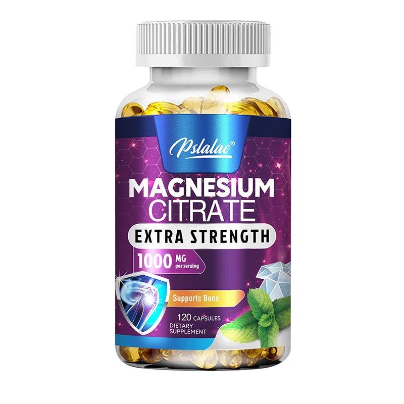 Bottle of Magnesium Citrate extra strength 1000mg dietary supplement with 120 capsules for bone and muscle support