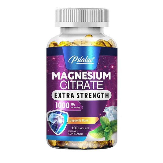 Bottle of Magnesium Citrate extra strength 1000mg dietary supplement with 120 capsules for bone and muscle support