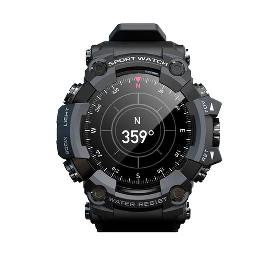 2025 new fitness tracker smart watch with compass, heart rate and blood pressure monitor, black rugged design, compatible with Android and iOS