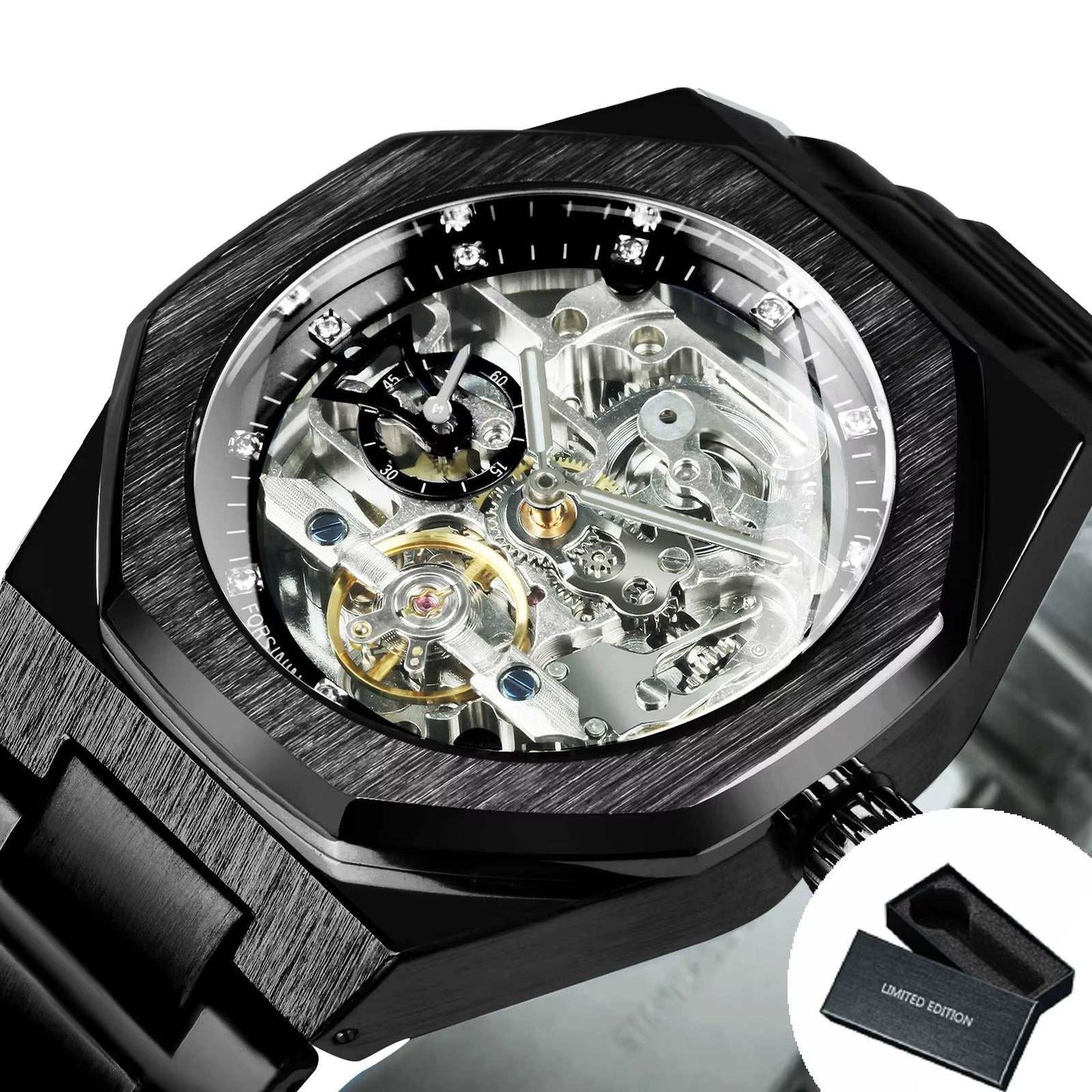 Silver Automatic Watch Men 3D Diamond Dial Irregular Tourbillon Skeleton Mechanical Wristwatches Luminous Hands Clock