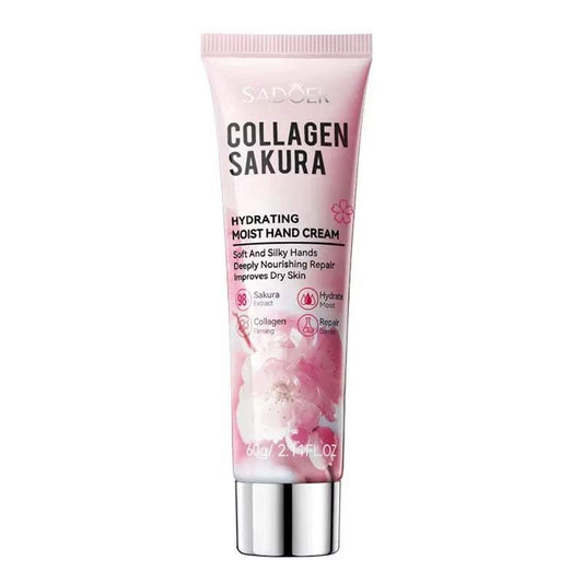 Sakura Collagen hand cream tube with hydrating and nourishing properties for soft, brightened hands