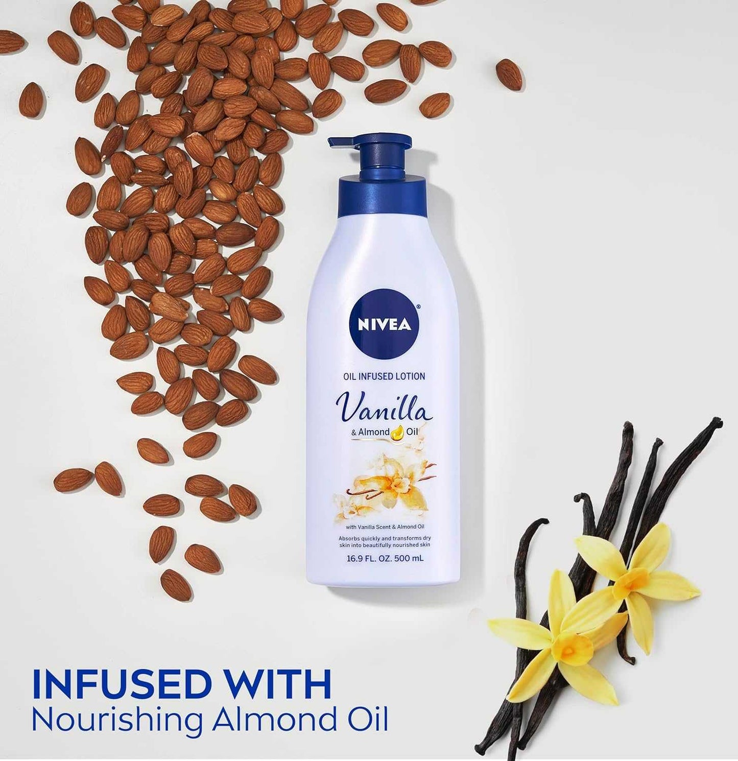 Oil Infused Vanilla and Almond Oil Body Lotion for Women, Fast-Absorbing and Non-Greasy Vanilla Scented Lotion Moisturizes for 48 Hours, 16.9 Fl Oz Pump Bottle, Pack of 3