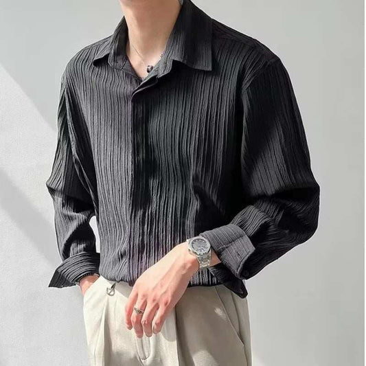 Black Apricot White Long-Sleeved Shirt Men Fashion Social Mens Dress Shirt Korean Loose Casual Pleated Shirts Mens Formal Shirt