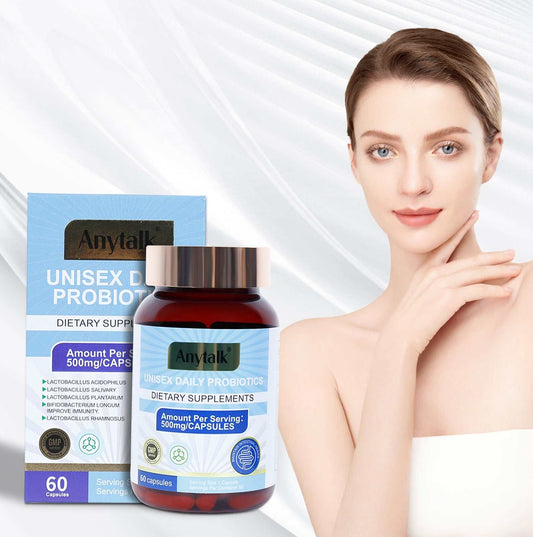Unisex daily probiotics supplement bottle with box and healthy woman promoting gut health for both men and women