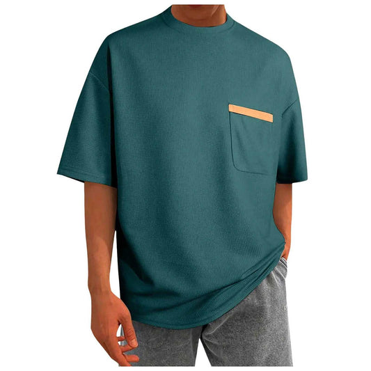 Men's baggy pocket plus size short sleeved casual T-shirt in teal with chest pocket and orange accent