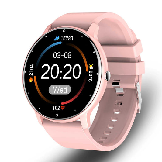 Pink smart watch for women and men with round touchscreen, fitness and health monitoring functions, Bluetooth, waterproof design, compatible with Android and iOS.