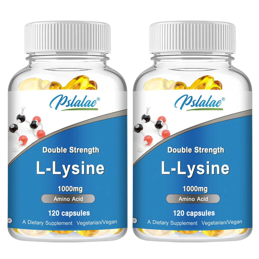 Two bottles of Pslalae Double Strength L-Lysine 1000mg amino acid dietary supplement with 120 vegetarian capsules each
