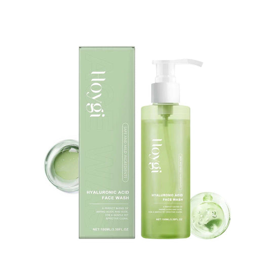 Green bottle of Hyaluronic Acid Cleansing Gel face wash with matching green box and gel in small containers.