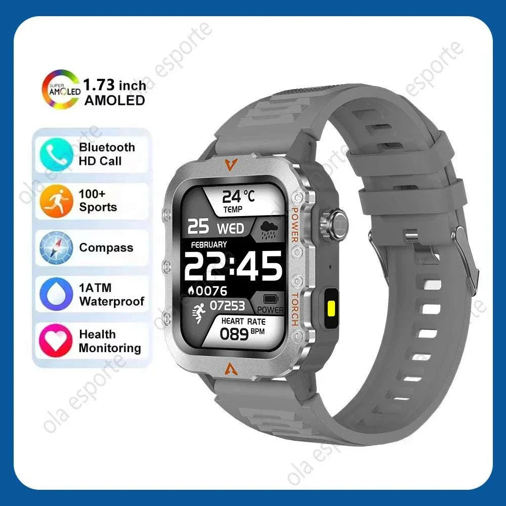 Gray outdoor fitness smartwatch with 1.73 inch AMOLED screen, GPS, Bluetooth HD call, compass, waterproof and health monitoring features